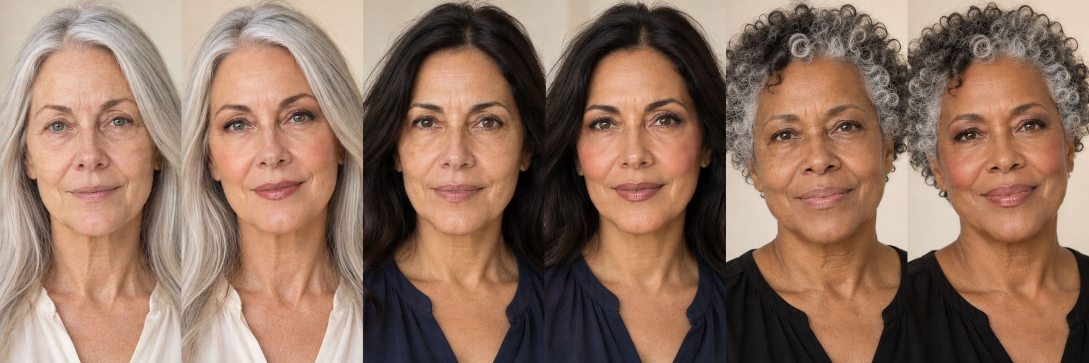Three mature models shown in paired bare and softly finished makeup looks