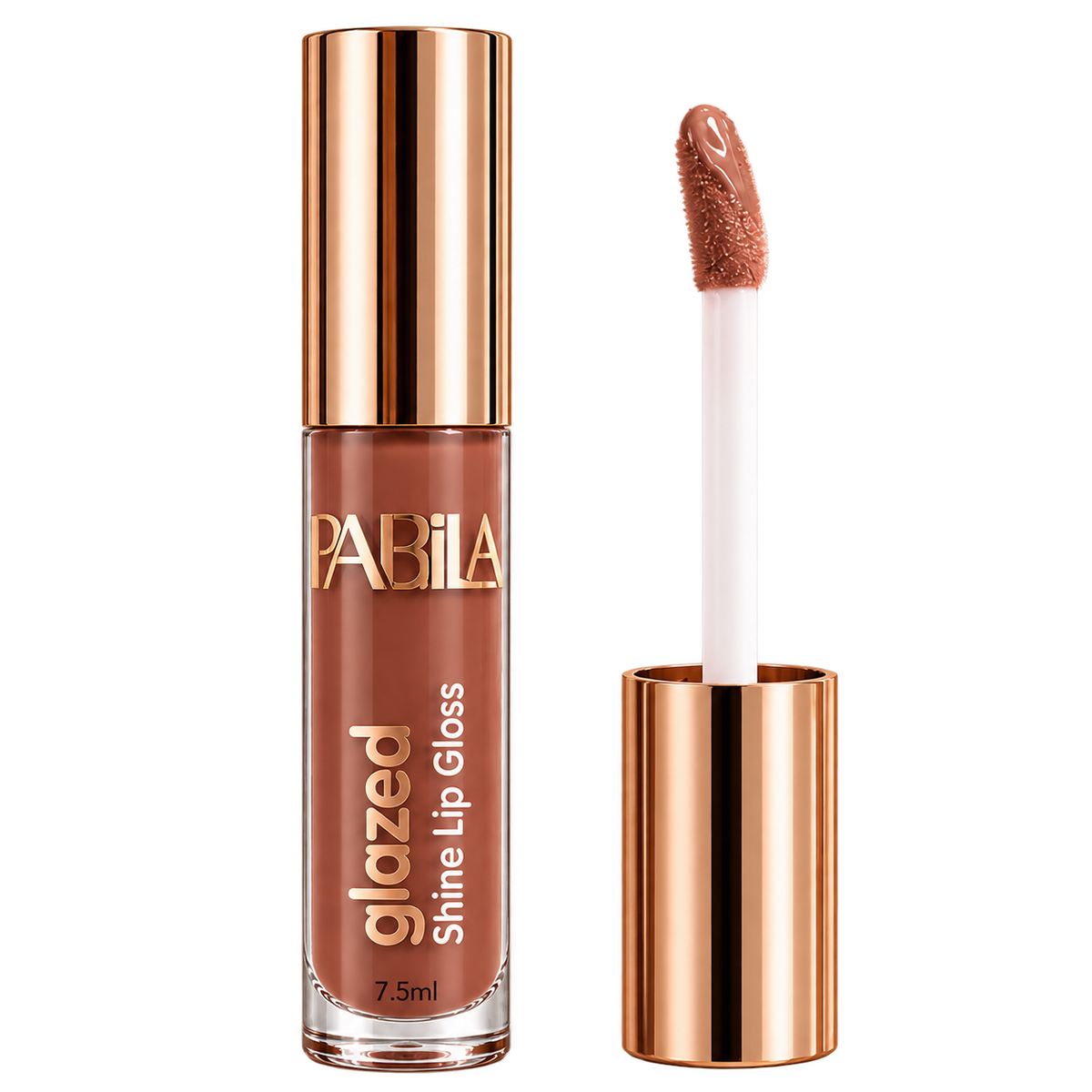 PABILLA Glazed Shine lip gloss with exposed applicator standing beside the bottle