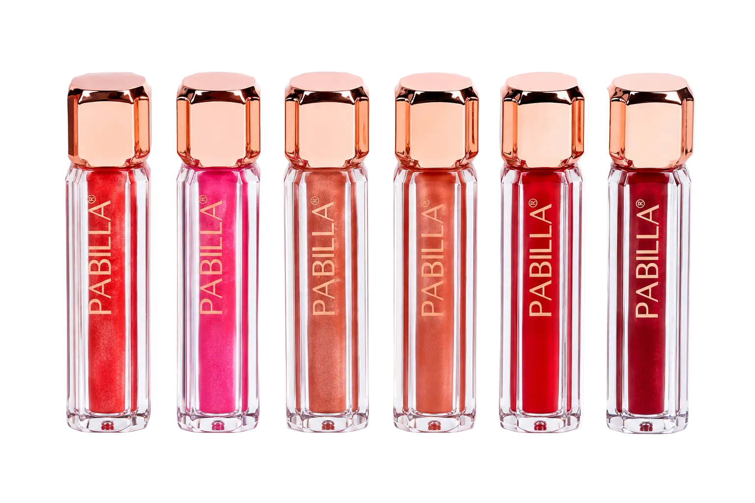 Six Pabilla lip gloss tubes in a row, showing shades of pink, red, and orange, with rose gold caps on a white background.