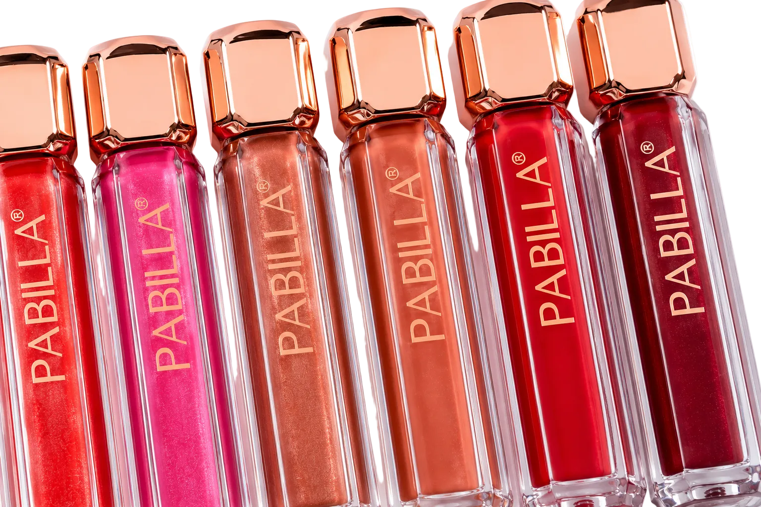 Six Pabilla liquid lipstick tubes in shimmering shades of red, pink, bronze, peach, coral, and deep berry, arranged side-by-side on a white background.