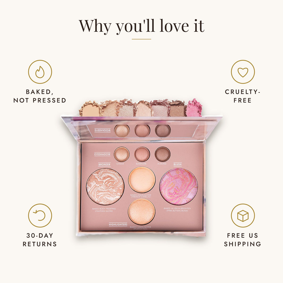 Baked not pressed, cruelty-free, 30-day returns, free US shipping