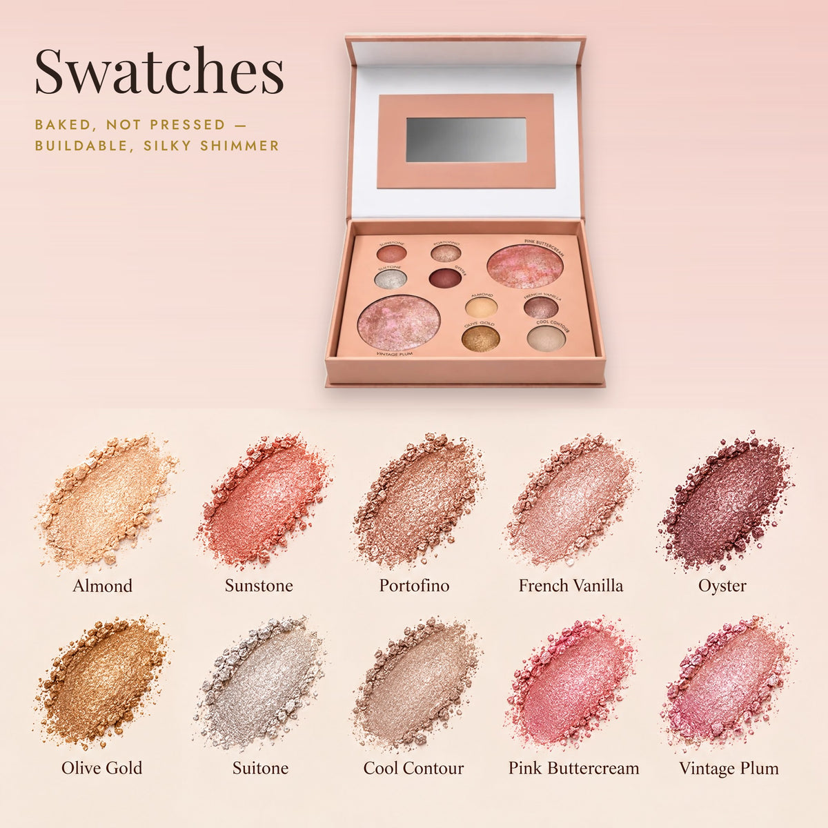 Swatches of all ten Riviera Rose shades
