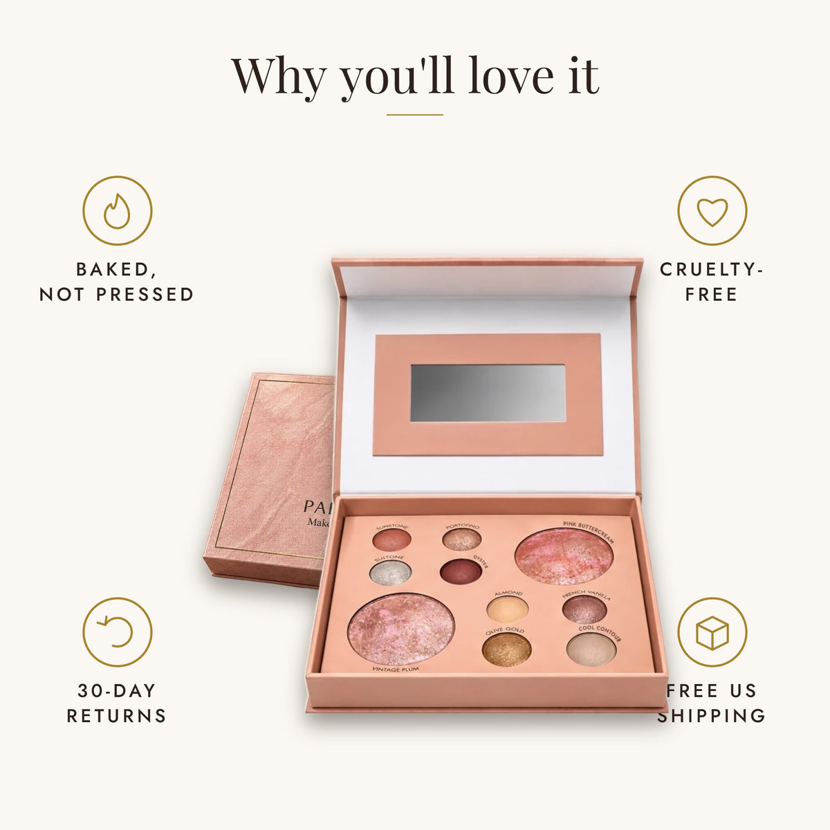 Baked not pressed, cruelty-free, 30-day returns, free US shipping