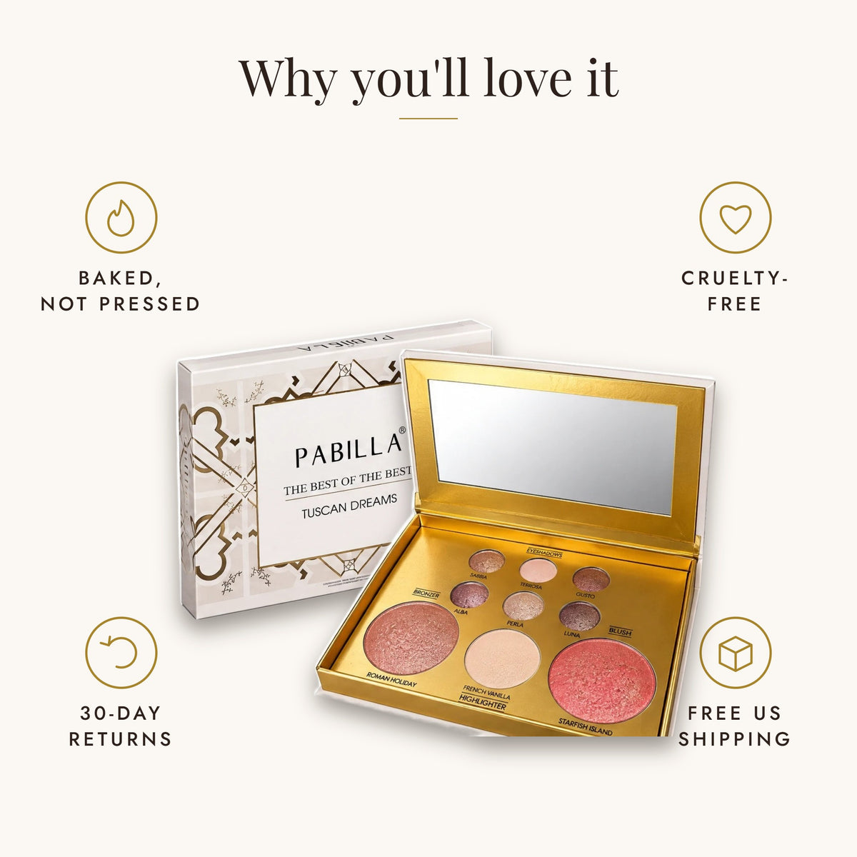 Baked not pressed, cruelty-free, 30-day returns, free US shipping