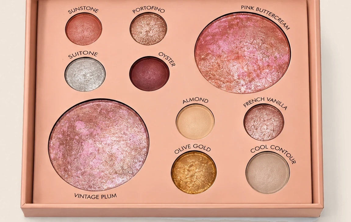Close-up of the ten baked pans: Sunstone, Portofino, Suitone, Oyster, Pink Buttercream, Vintage Plum, Almond, French Vanilla, Olive Gold and Cool Contour
