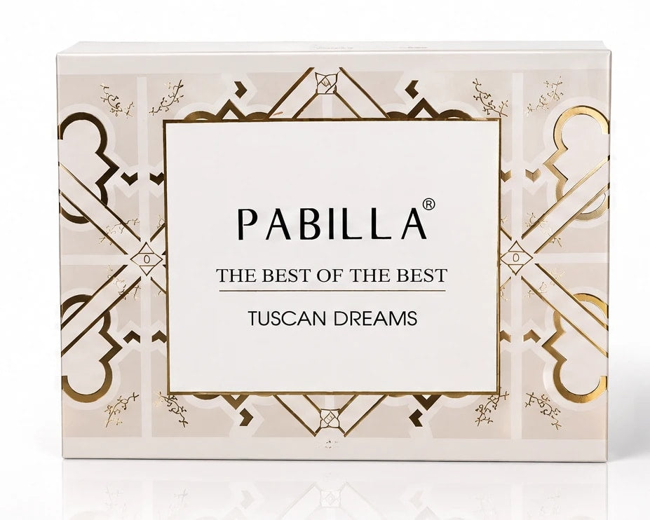 The Tuscan Dreams box in ivory with gold-foil tiles