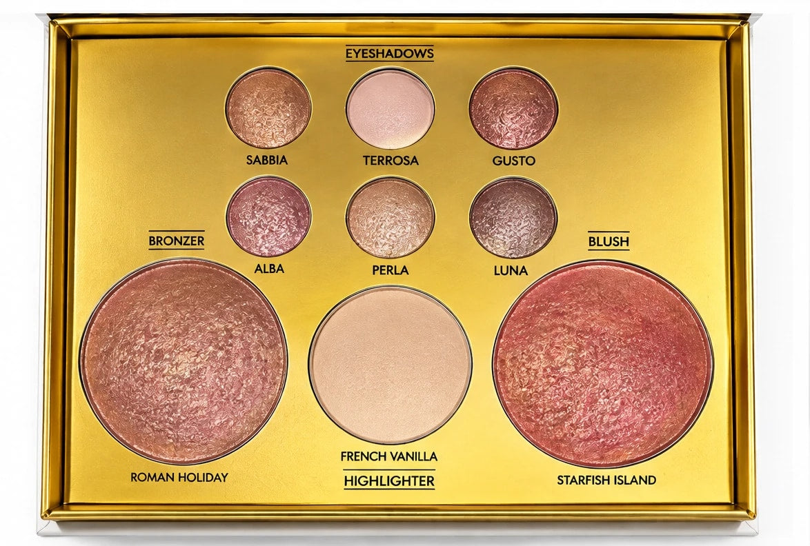 The nine baked pans: Sabbia, Terrosa, Gusto, Alba, Perla, Luna, Roman Holiday, French Vanilla and Starfish Island